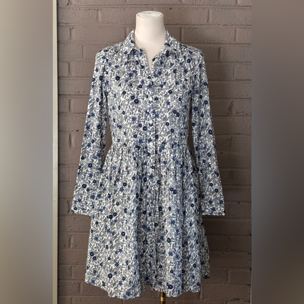 J.Crew Floral Blue and White Cotton Dress 2 - Picture 2 of 12